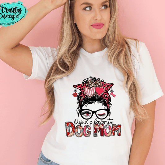 Cupids Favorite Dog Mom Messy Bunn Valentines Tee