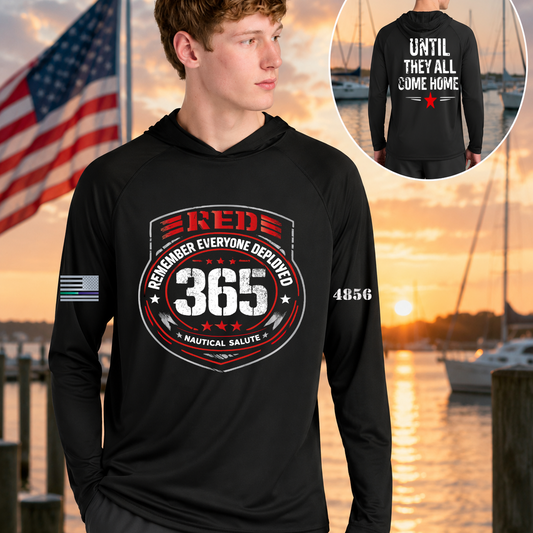 Nautical Salute RED 365 black A4 Cooling Performance Long Sleeve Hooded Tee mockup showing front back placement on marina sunset background