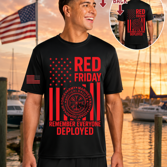 Man wearing a black t-shirt with 'Red Friday' and 'Remember Everyone Deployed' text at a dock.
