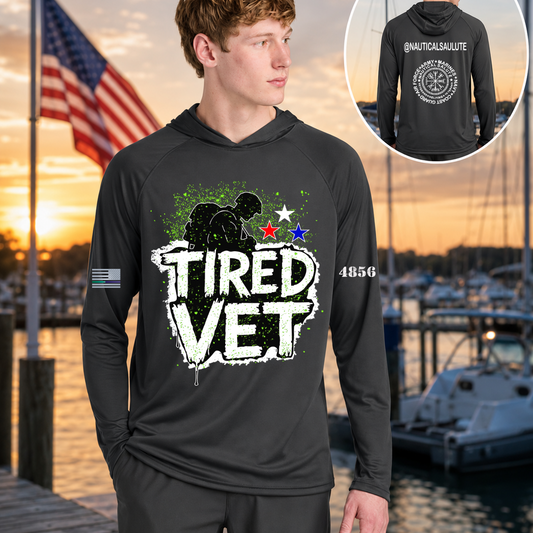 Nautical Salute Tired Vet charcoal A4 Cooling Performance Long Sleeve Hooded Tee mockup showing front back placement on marina sunset background