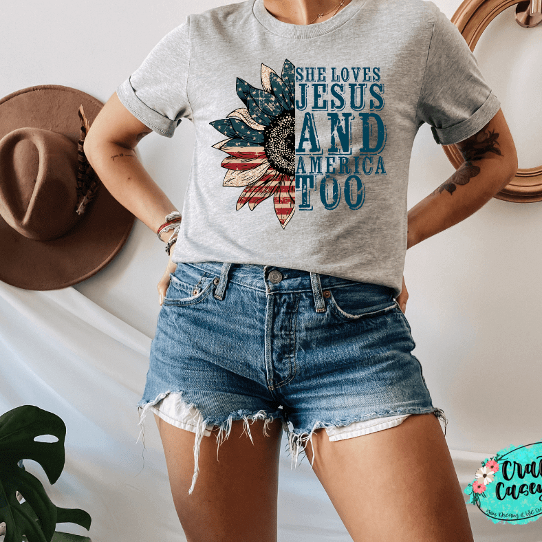 She Loves Jesus & America Too-Patriotic Sunflower Tee