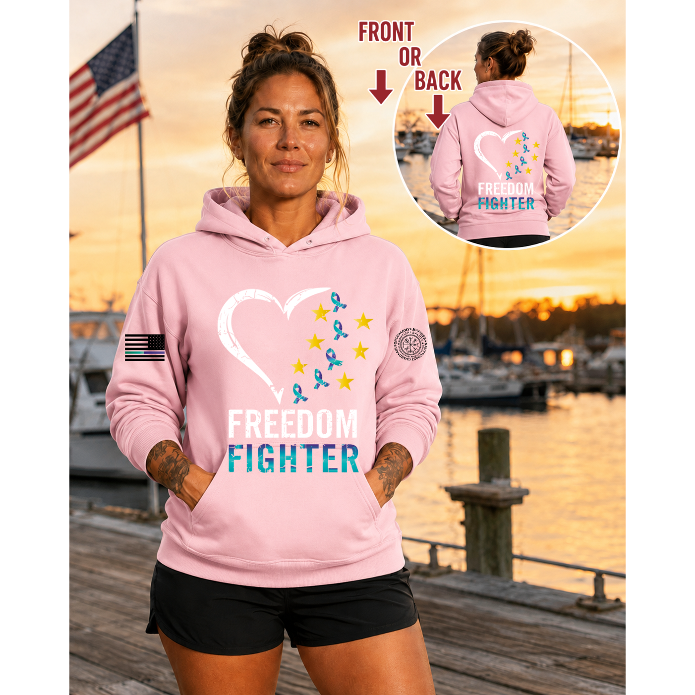 Nautical Salute Freedom Fighter District Perfect Weight Fleece Hoodie in Light Pink on marina sunset mockup for Nautical Salute