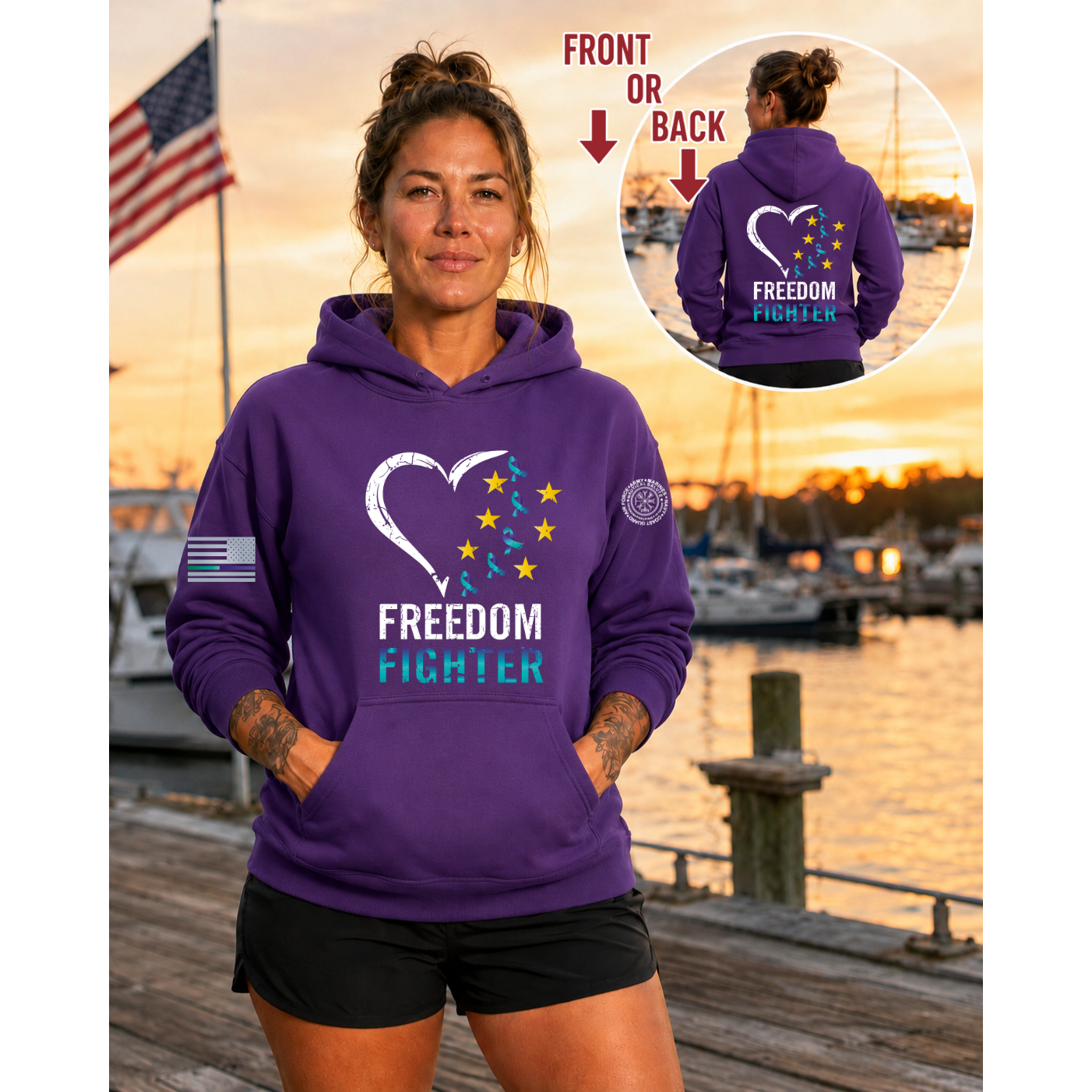 Nautical Salute Freedom Fighter District Perfect Weight Fleece Hoodie in Purple on marina sunset mockup for Nautical Salute