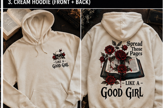 Collection of 'Like a Good Girl' merchandise including t-shirts, hoodies, and tumblers with gothic design elements.