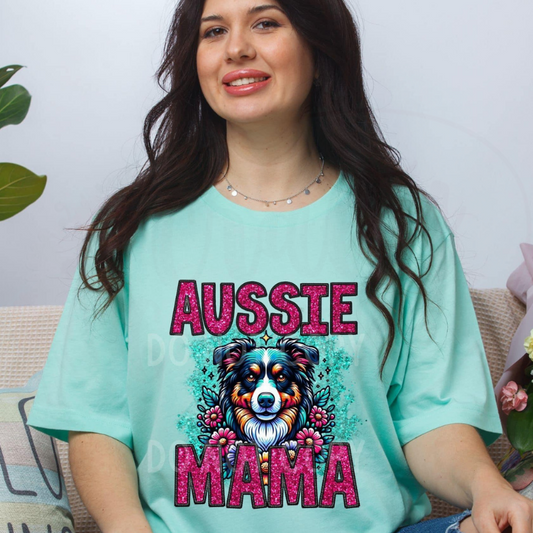 Aussie Dog Mama Faux Glitter Tee