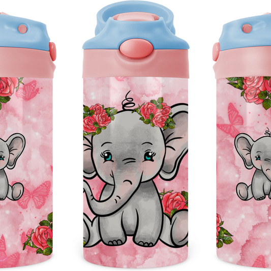 Baby Elephant With Roses Kids 12 oz Water Bottle Flip Top