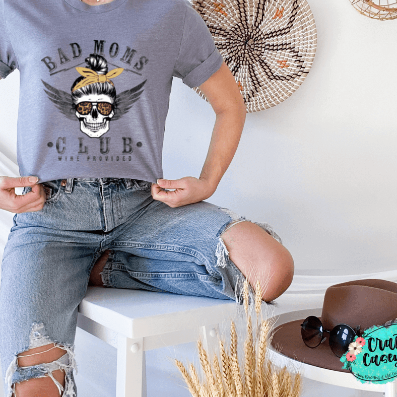 Bad Mom's Club Graphic Shirt adult funny, mom, and alcohol humor graphic shirt design by Crafty Casey's