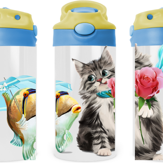 Cat & Fish Cute Kids 12 oz Water Bottle Flip Top