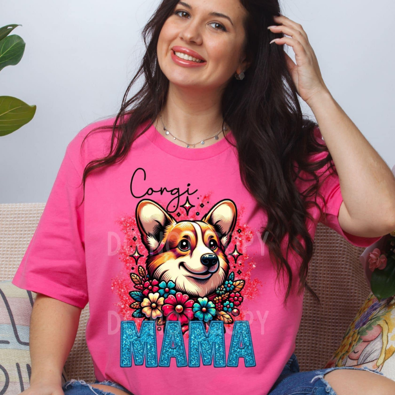 Corgi Dog Mama Faux Glitter Tee