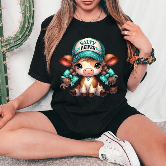 Cute Teal Salty Heifer HIghland Cow Tee