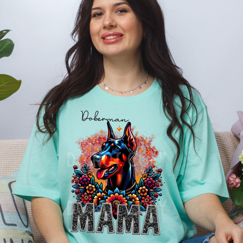 Doberman Dog Mama Faux Glitter Tee
