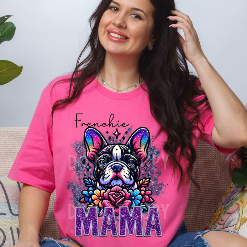 Frenchi Blue Dog Mama Faux Glitter Tee
