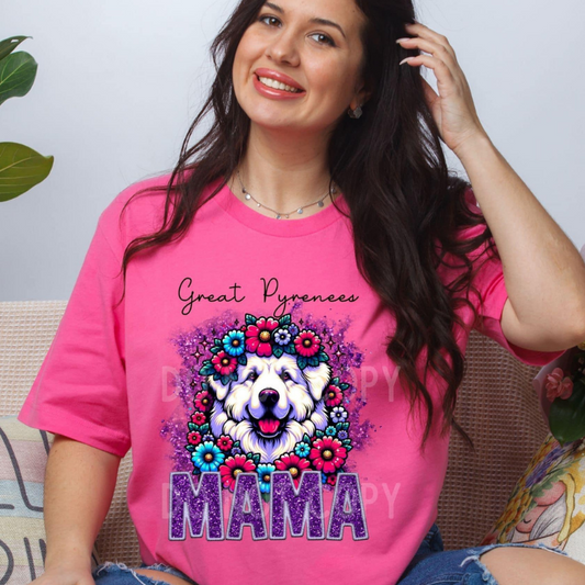 Great Pyreneses Dog Mama Faux Glitter Tee