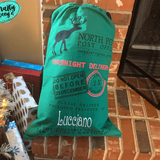 Green North Pole Deer Special Delivery Santa Sack Personalized-Embroidered-Gift Bag