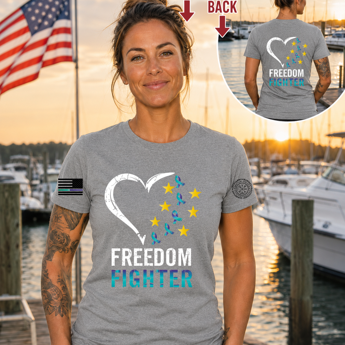 Nautical Salute Heart Freedom Fighter grey District Perfect Tri Tee mockup showing front back placement on marina sunset background