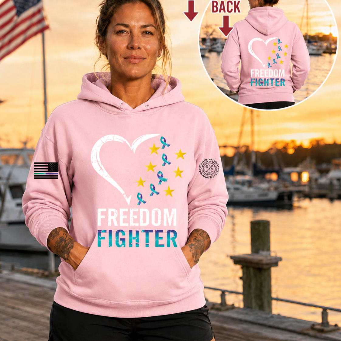 Nautical Salute Heart Freedom Fighter light pink District Perfect Weight Fleece Hoodie mockup showing front back placement on marina sunset background