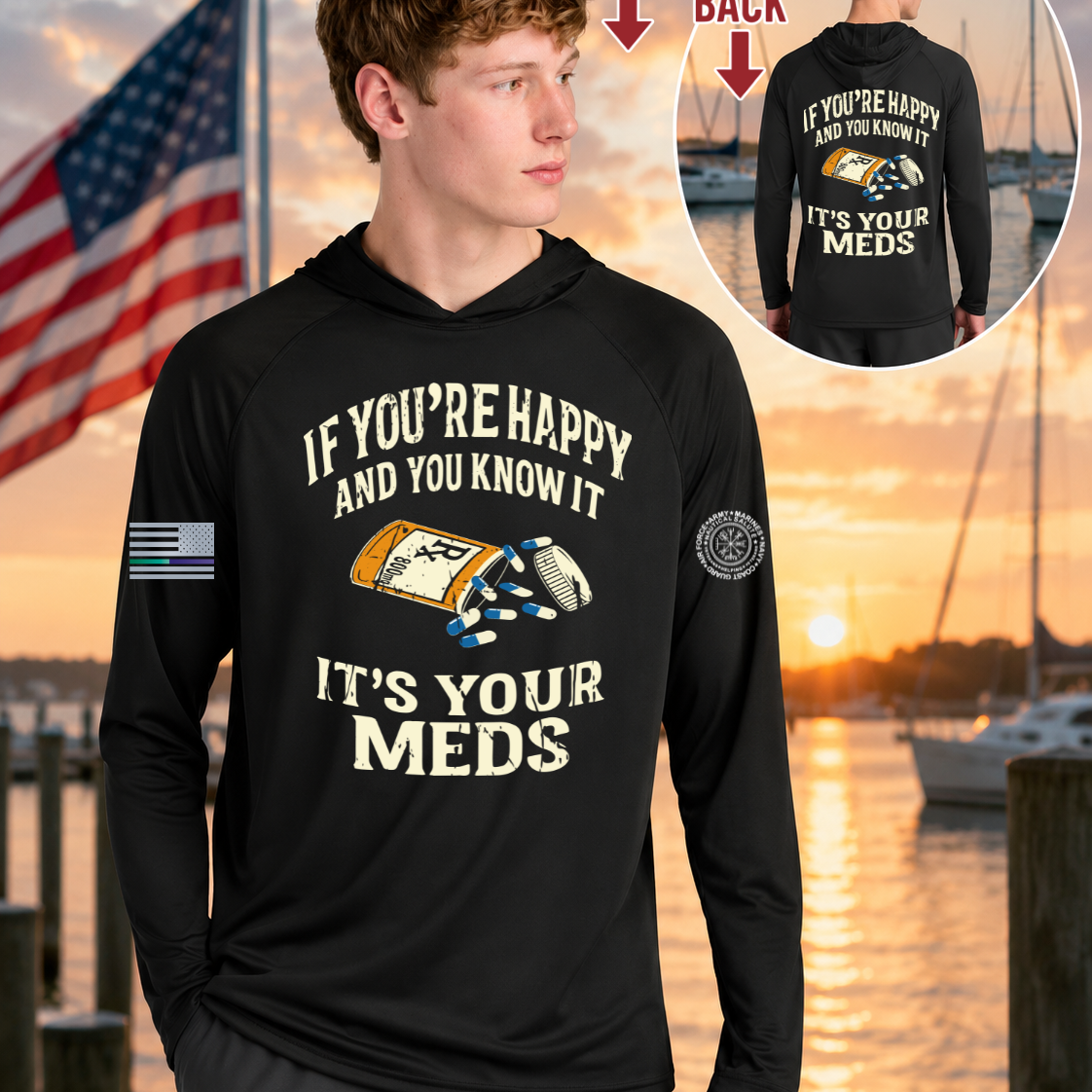 Nautical Salute It’s Your Meds black A4 Cooling Performance Long Sleeve Hooded Tee mockup showing front back placement on marina sunset background