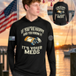 Nautical Salute It’s Your Meds black A4 Cooling Performance Long Sleeve Hooded Tee mockup showing front back placement on marina sunset background