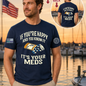 Nautical Salute It’s Your Meds navy District Perfect Tri Tee mockup showing front back placement on marina sunset background