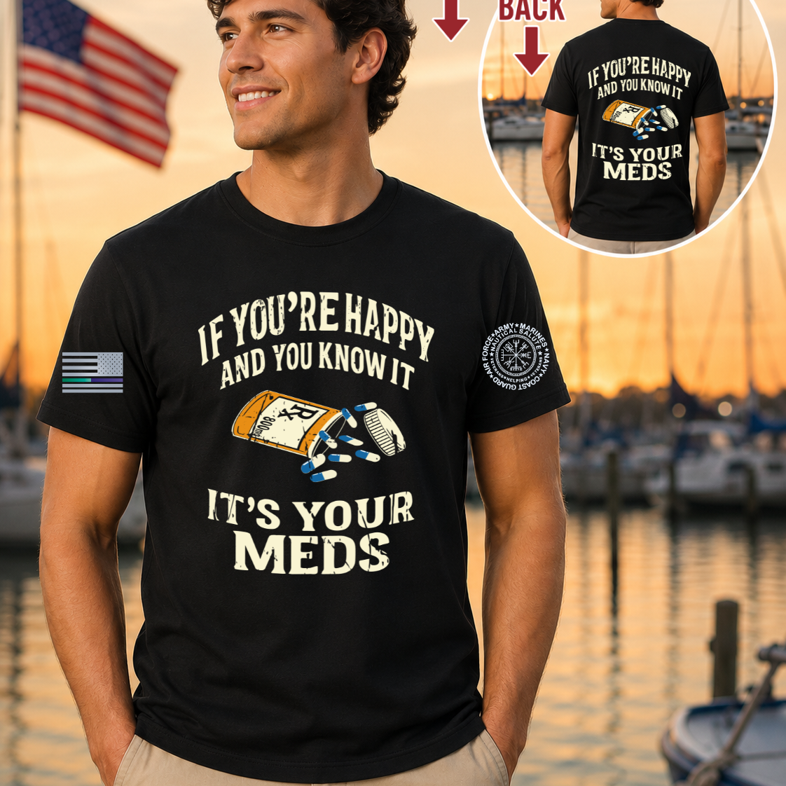 Man wearing a black t-shirt with a humorous graphic and text, standing by a waterfront with an American flag in the background.