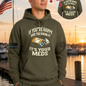 Nautical Salute It’s Your Meds army green District Perfect Weight Fleece Hoodie mockup showing front back placement on marina sunset background