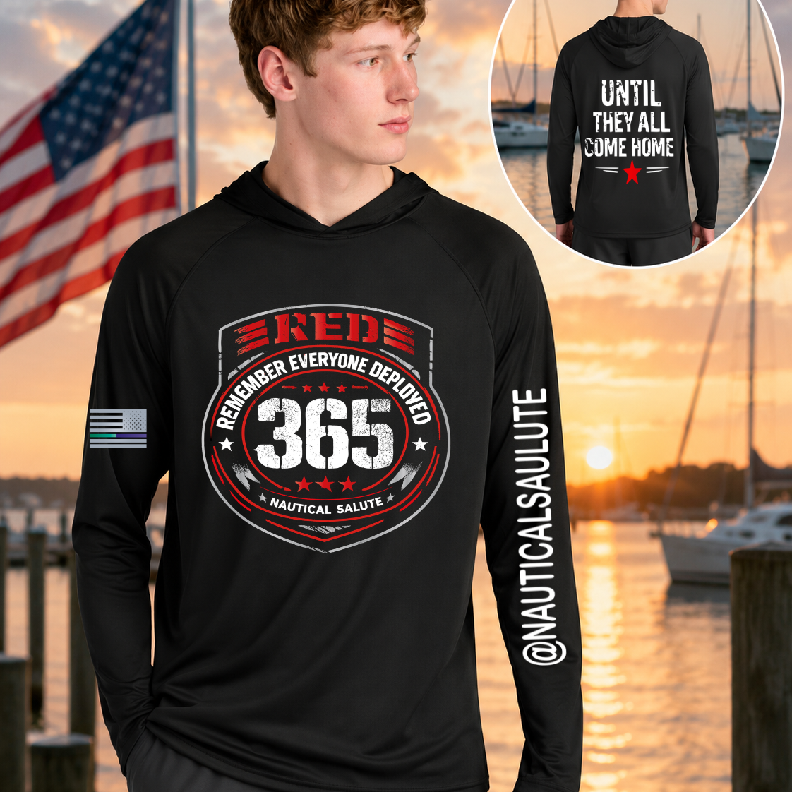 Person wearing a black hoodie with red and white graphics and text, set against a sunset by the water.