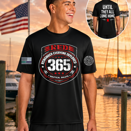 Nautical Salute RED 365 black A4 Cooling Performance Short Sleeve Tee mockup showing front back placement on marina sunset background