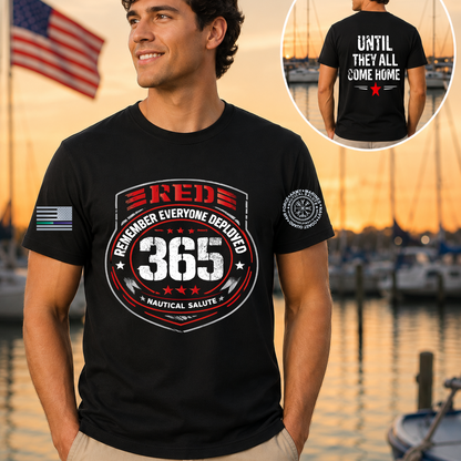Nautical Salute RED 365 black District Perfect Tri Tee mockup showing front back placement on marina sunset background