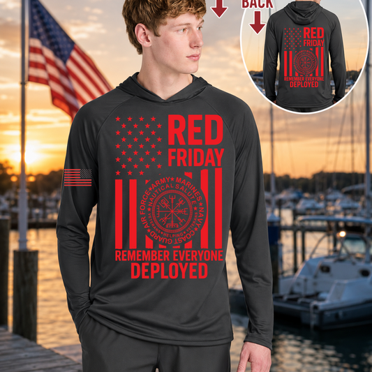 Nautical Salute RED Friday charcoal A4 Cooling Performance Long Sleeve Hooded Tee mockup showing front back placement on marina sunset background