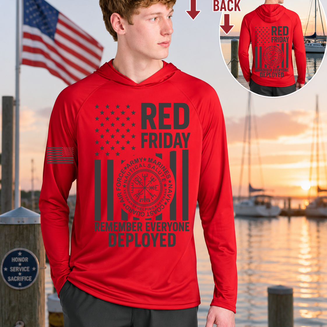 Red hoodie with 'RED FRIDAY' text and American flag design worn by a person, with a scenic background.