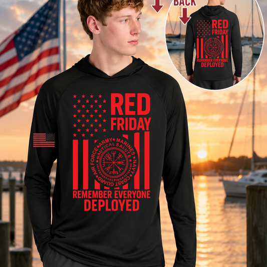 Nautical Salute RED Friday black A4 Cooling Performance Long Sleeve Hooded Tee mockup showing front back placement on marina sunset background