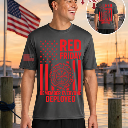 Man wearing a black t-shirt with 'Red Friday' and 'Remember Everyone Deployed' text at a dock.