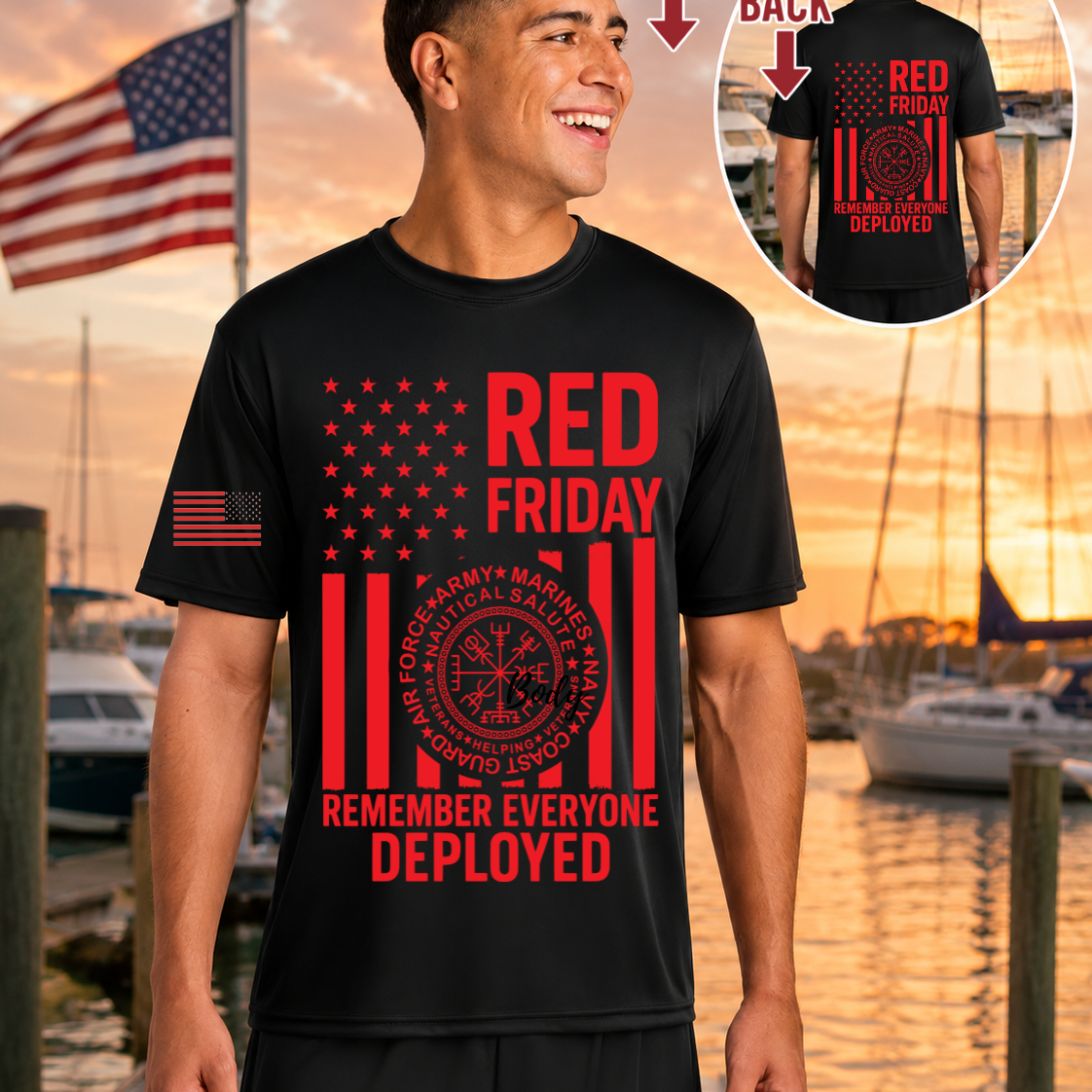 Nautical Salute RED Friday black A4 Cooling Performance Short Sleeve Tee mockup showing front back placement on marina sunset background