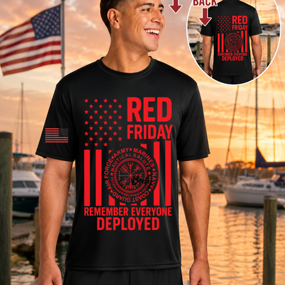 Nautical Salute RED Friday black A4 Cooling Performance Short Sleeve Tee mockup showing front back placement on marina sunset background