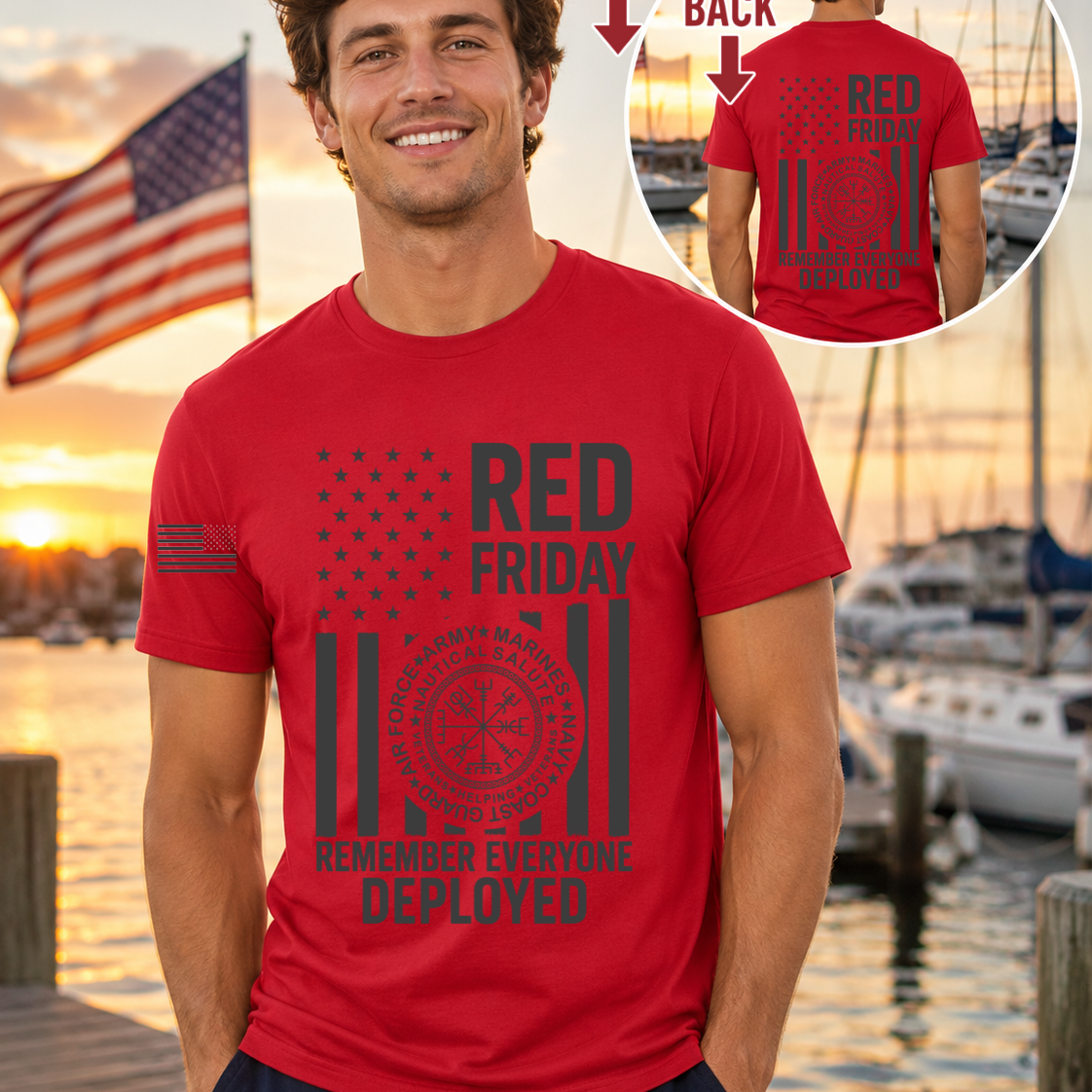 Nautical Salute RED Friday red District Perfect Tri Tee mockup showing front back placement on marina sunset background