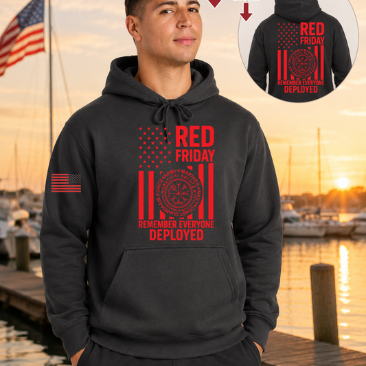 Nautical Salute RED Friday charcoal District Perfect Weight Fleece Hoodie mockup showing front back placement on marina sunset background