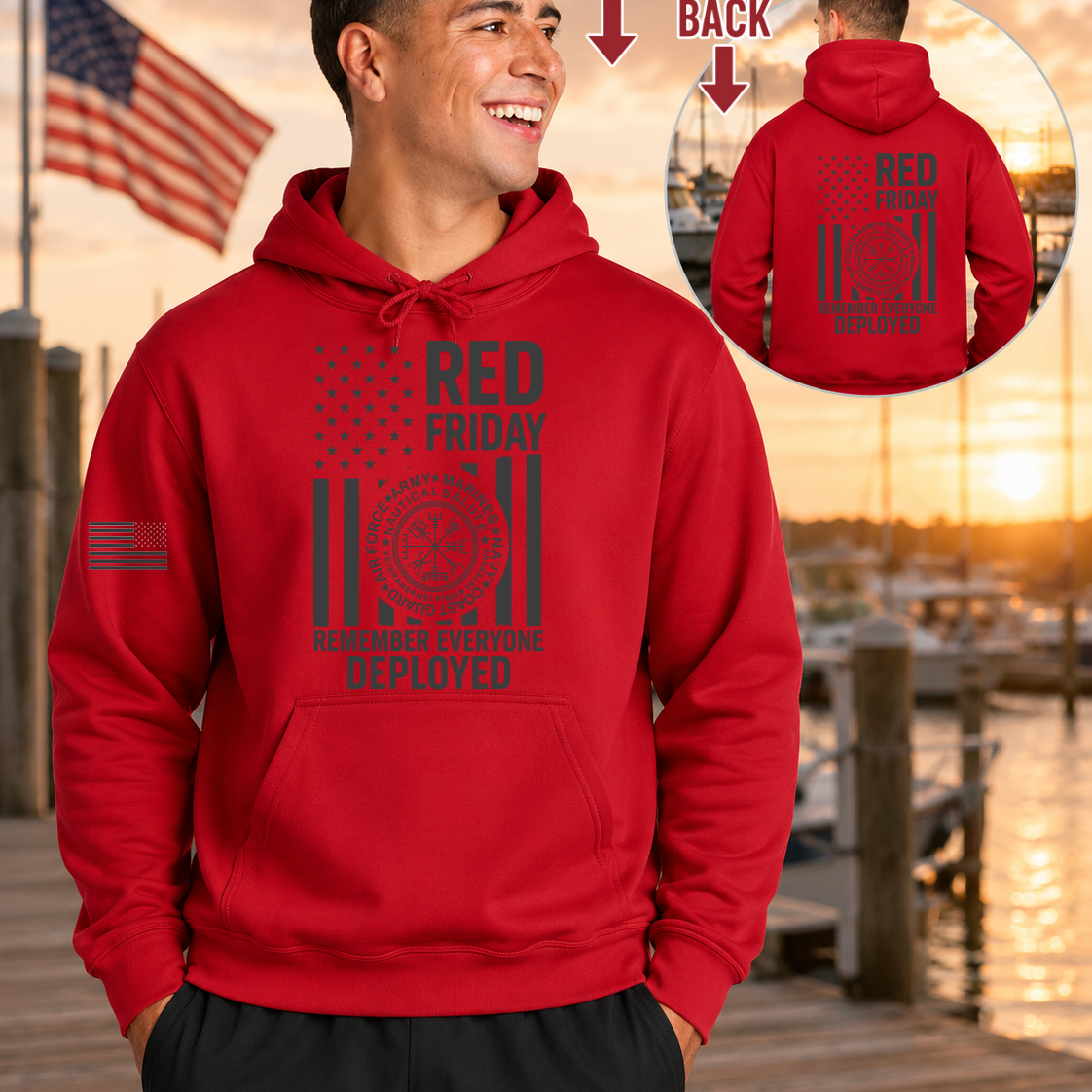 Nautical Salute RED Friday red District Perfect Weight Fleece Hoodie mockup showing front back placement on marina sunset background