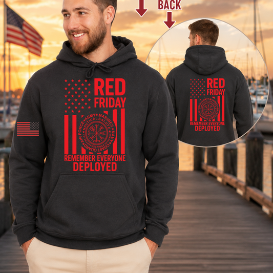 Nautical Salute RED Friday charcoal District Perfect Weight Fleece Hoodie mockup showing front back placement on marina sunset background
