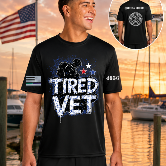 Nautical Salute Tired Vet Blue A4 Cooling Performance Short Sleeve Tee in Black on marina sunset mockup for Nautical Salute