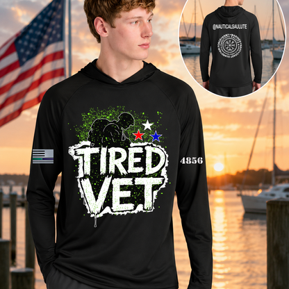 Nautical Salute Tired Vet black A4 Cooling Performance Long Sleeve Hooded Tee mockup showing front back placement on marina sunset background
