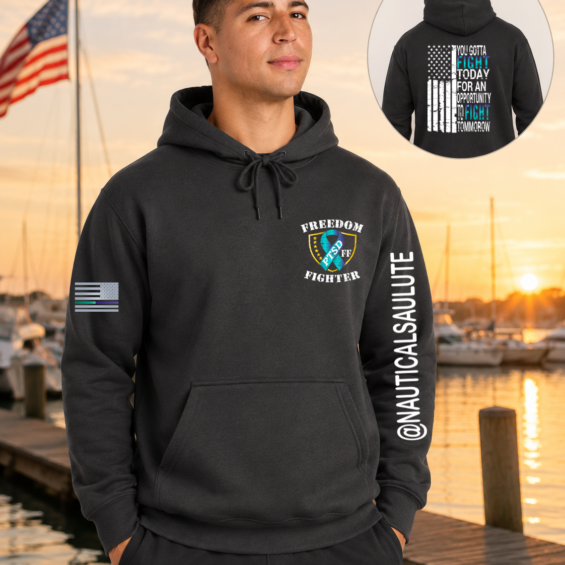 Nautical Salute You Gotta Fight charcoal District Perfect Weight Fleece Hoodie mockup showing front back placement on marina sunset background