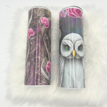 Owl With Pink Rosed Drink Tumbler