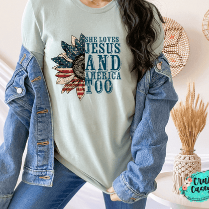 She Loves Jesus & America Too-Patriotic Sunflower Tee