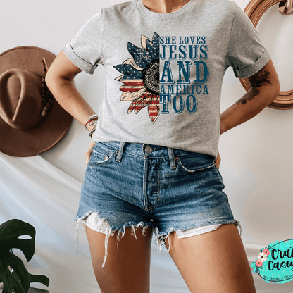 She Loves Jesus & America Too-Patriotic Sunflower Tee