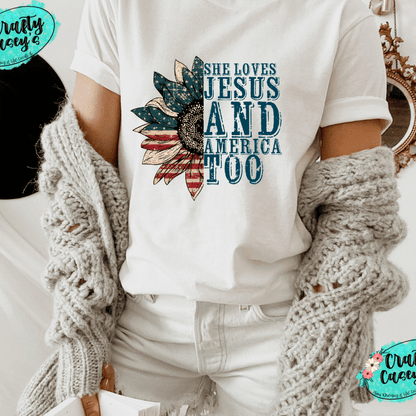 She Loves Jesus & America Too-Patriotic Sunflower Tee