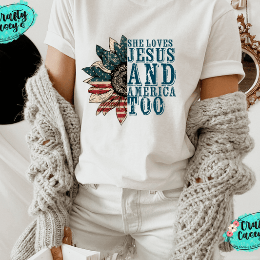 She Loves Jesus & America Too-Patriotic Sunflower Tee