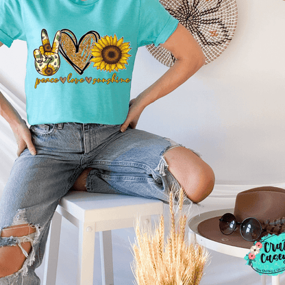 Peace Love Sunflower Graphic Shirt inspirational motivational spiritual graphic shirt by Crafty Casey’s