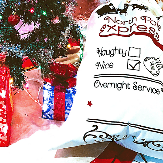 Reindeer Express Merry Christmas Nice Checked- Santa Sack-Personalized-Embroidered-Gift Bag