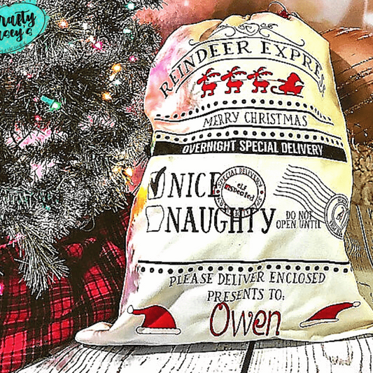 Reindeer Express Red Santa Sleigh Merry Christmas Nice Checked- Santa Sack-Personalized-Embroidered-Gift Bag