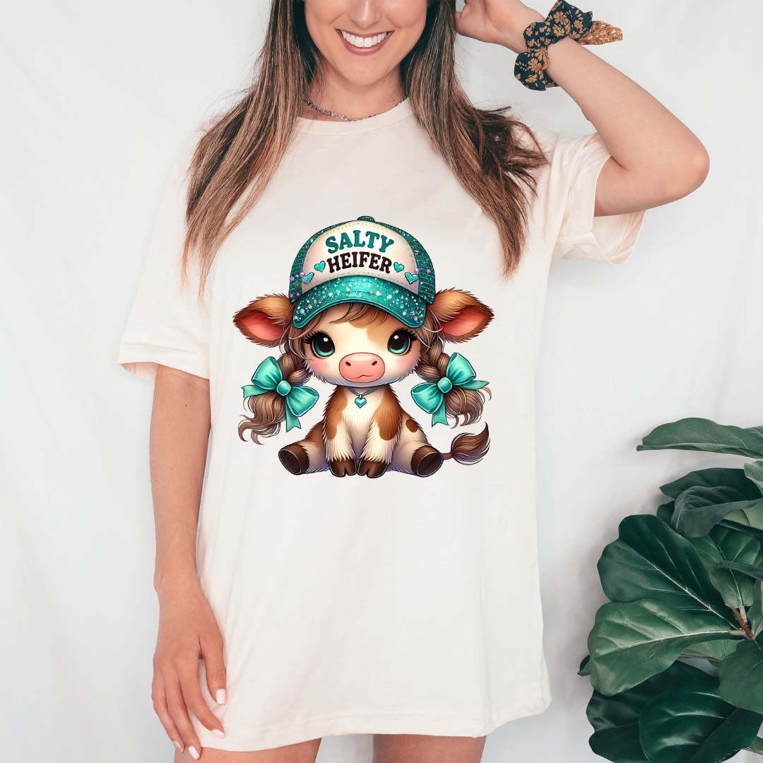 Salty Heifer Highland Cow Shirt animal lover, adult funny, and western graphic shirt design by Crafty Casey's